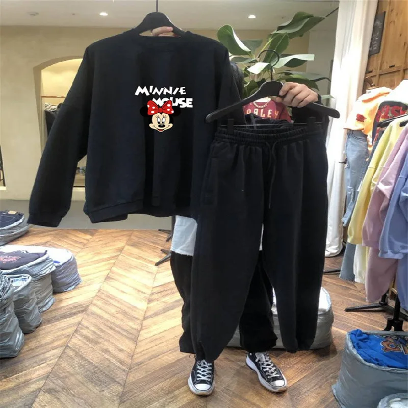

Disney Women Sweatshirt Autumn Fashion Loose Long Sleeve Trousers Hoodie Two Piece Suit Lady Cartoon Minnie Pattern Pullover Top