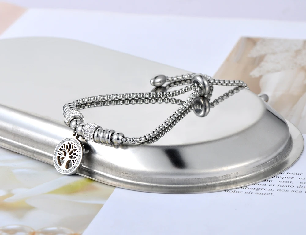 Lokaer Titanium Stainless Steel Mosaic Crytal Tree Charm Bracelets For Women Rose Gold Adjustable Chain &amp Link Bracelet B20055 |