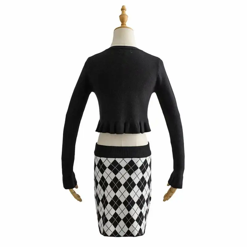

Autumn women's skirt suit v-neck long-sleeved single-breasted ruffled hem top high-waist diamond lattice bag hip skirt suit