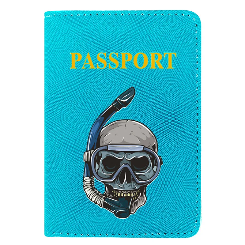 

High Quality Diver Skull Design Printing Men Women Passport Cover Leather Travel Pocket Wallet Bags