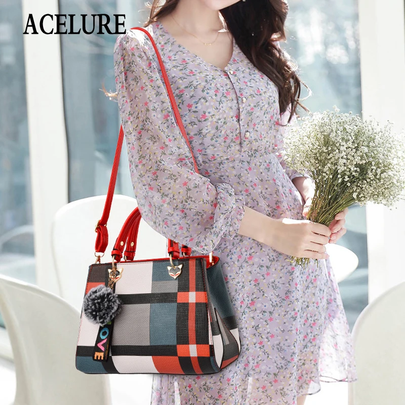 ACELURE Trendy Fashion Patchwork Women Crossbody Bags High Quality PU Leather Female Shoulder Bag with Fur Ball Handbag 4 Colors