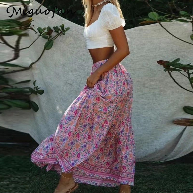 Miguofan пляжные длинные юбки для женщин цветочный принт высокая талия Ретро стиль