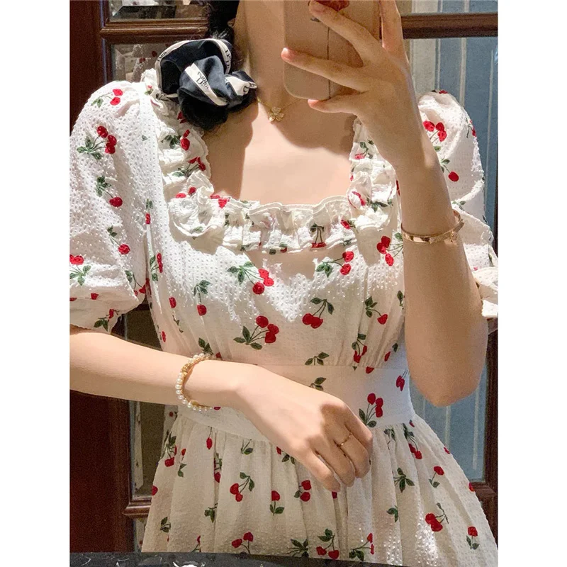 

2021 Summer Elegant Vintage Dresses Women One Piece Korean Bow Design Party Midi Dress Female French Cherry Printed Dress Robe