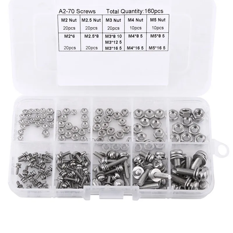 160 pcs M2 M2.5 M3 M4 M5 304 Stainless Steel Pan Head Screws Nuts Assortment Kit with Storage Box |