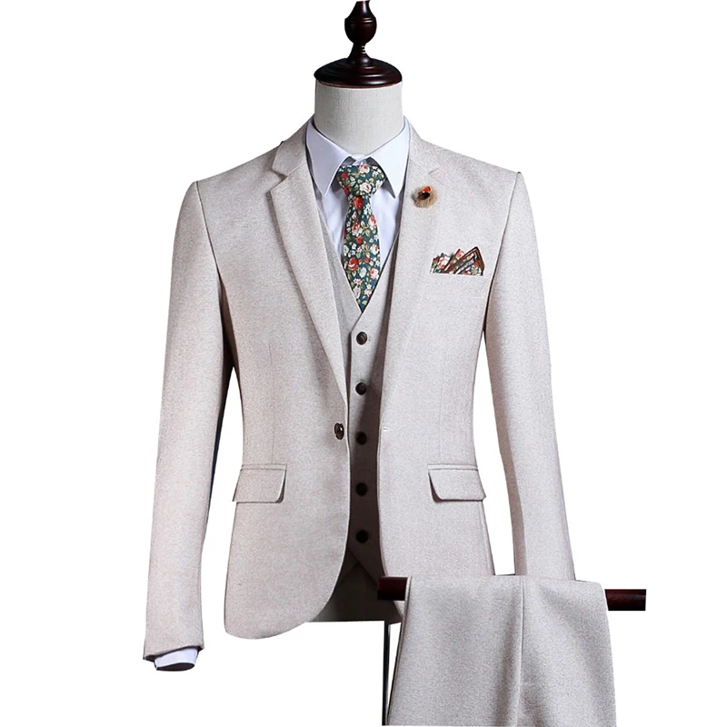 

Белый твидовый мужской костюм, приталенный Зимний свадебный костюм для жениха, 3 предмета (пиджак + брюки + жилет)