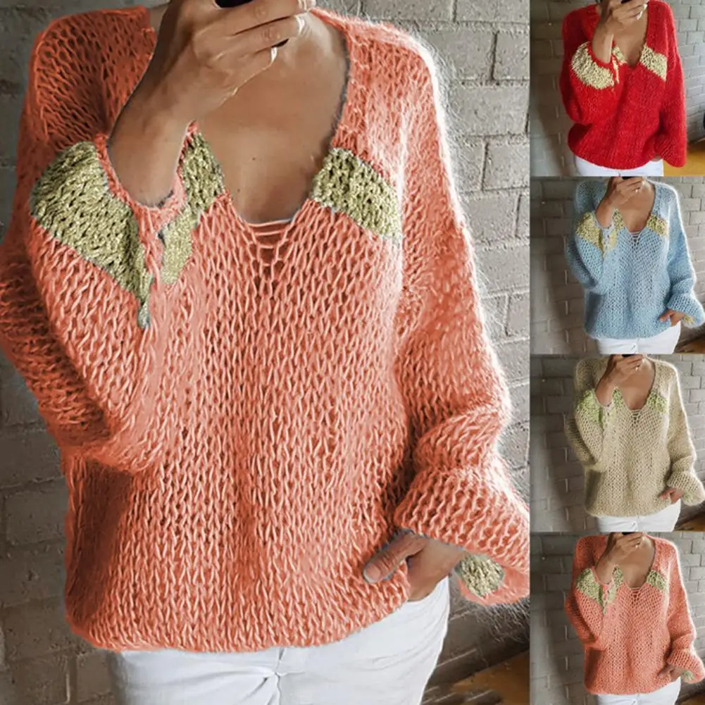 

2021 Autumn Sweater Women Casual Long Sleeve Contrast Colors Lantern Sleeve Sweater
