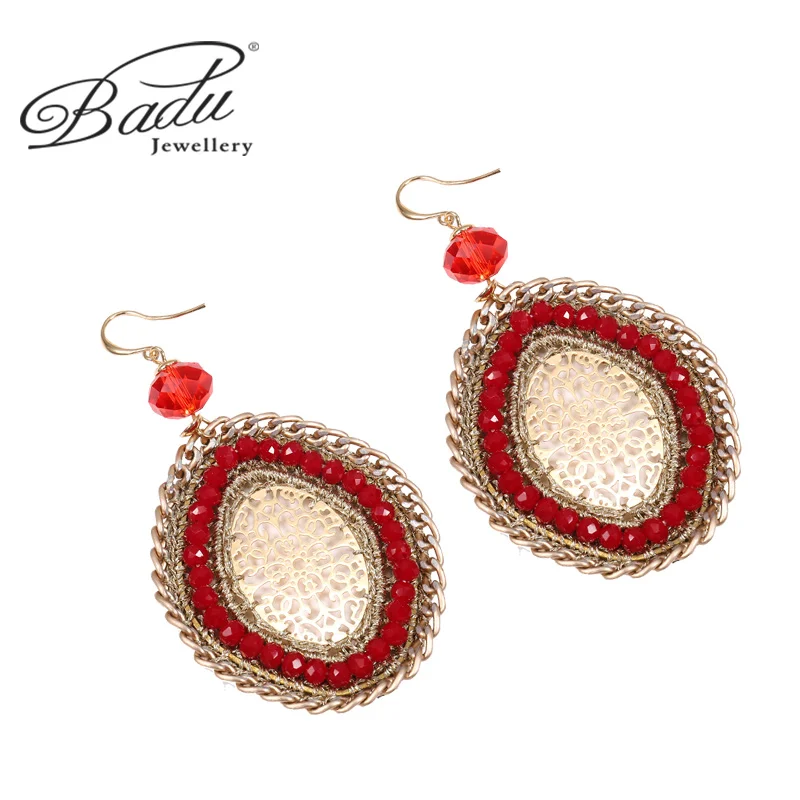 Badu женские крупные серьги Бохо орнамент полый дизайн инкрустированные красными
