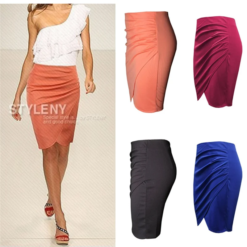 

Irregular Hem Skirts Women Summer Solid Color Asymmetrical Wrap Front Stretchy Bodycon Pencil Skirt OL Office Lay Work Wear New