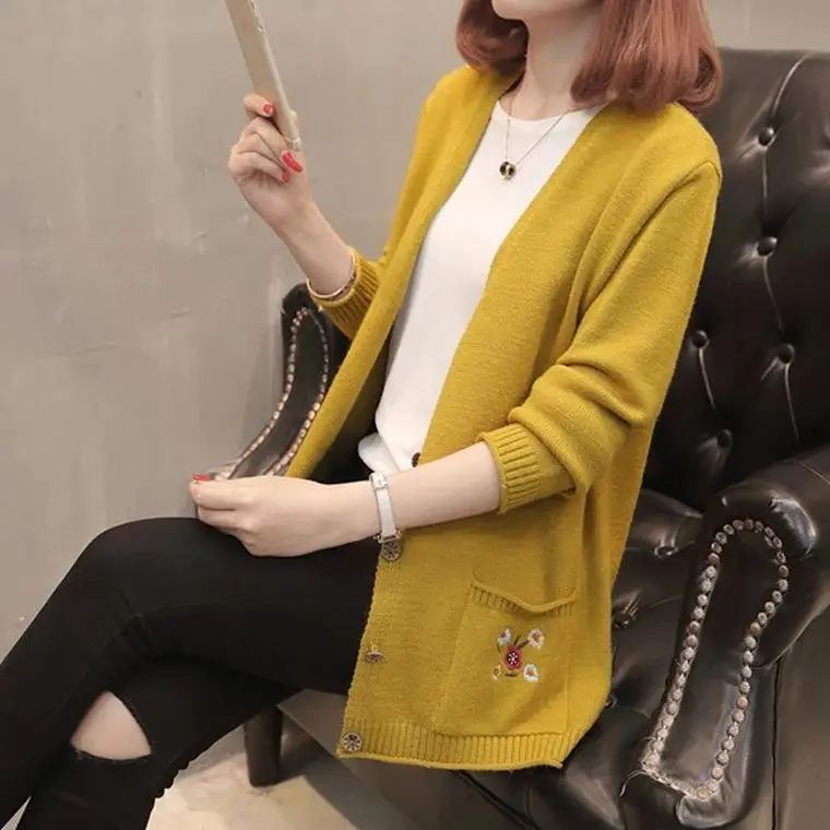 

Женский свободный вязаный свитер, повседневный однотонный кардиган с длинными рукавами и V-образным вырезом, модель Q842 в Корейском стиле