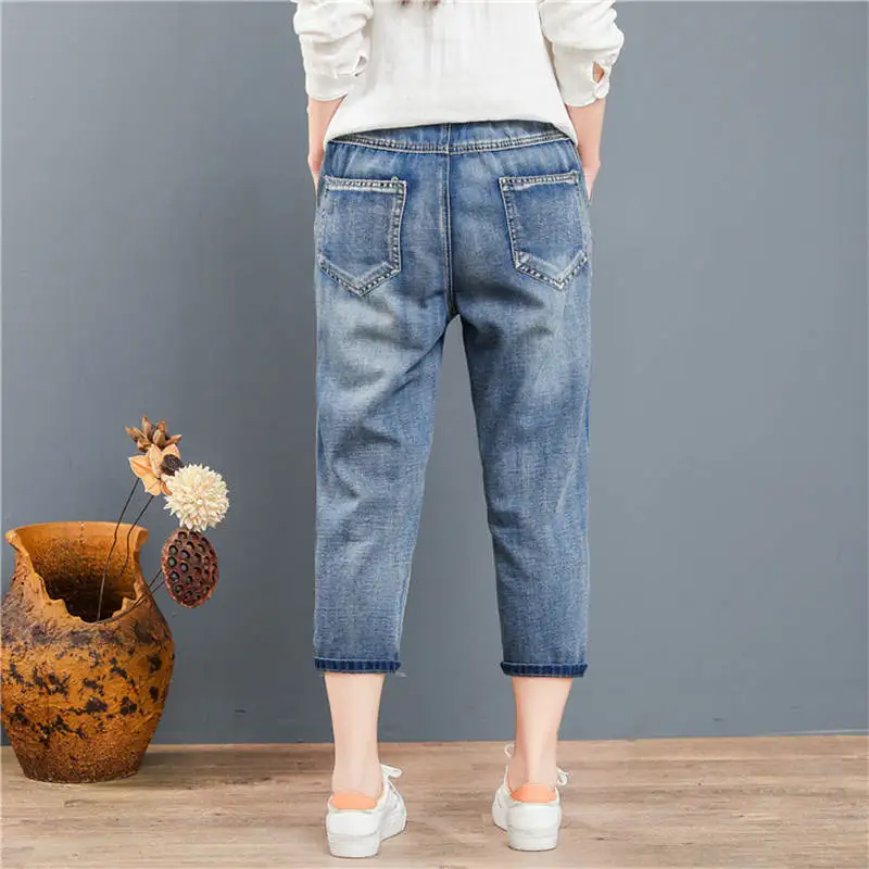 Джинсы женские в этническом стиле с вышивкой Капри рваные джинсы потертостями