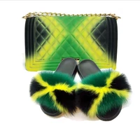 2020 women fur slippers jelly bag purse set home fluffy fur slides handbag with slides real fox fur slides female shoulder bag