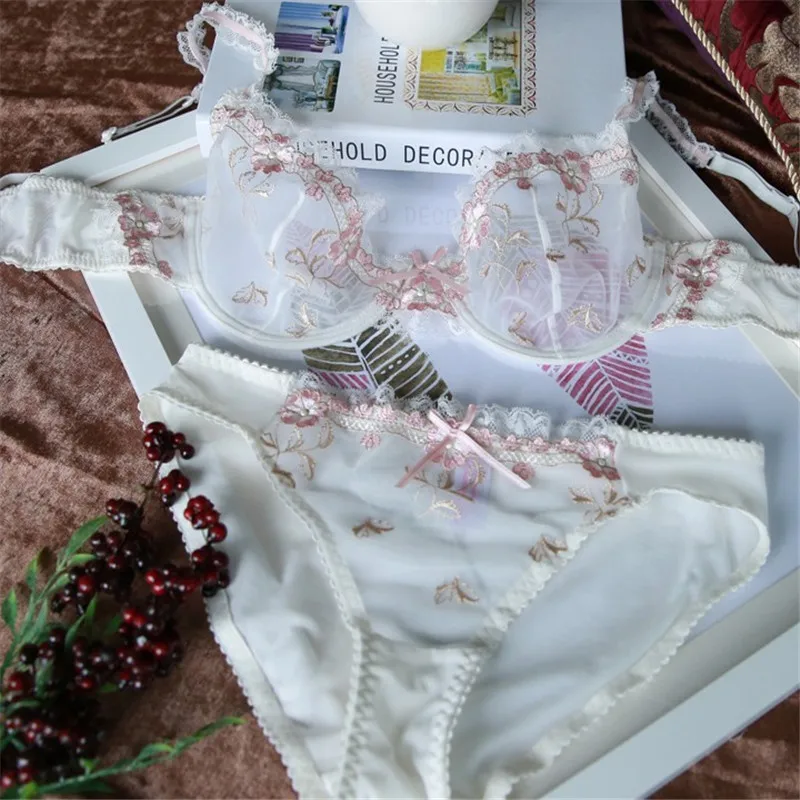 

Изысканная вышивка розовый Лотос ультратонкое женское сексуальное прозрачное кружевное нижнее белье комплект с бюстгальтером чувственны...