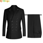 Мужские облегающие деловые повседневные двубортные блейзеры, пиджак, брюки, свадебные костюмы для жениха и вечеринок, скинни, 2 шт.