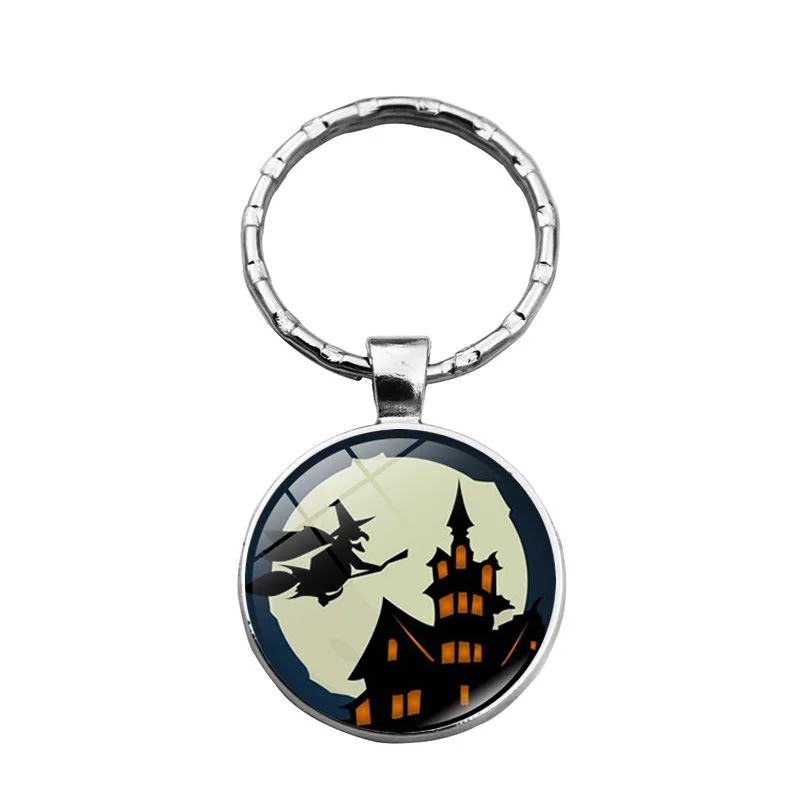 

WG 1pc Happy Halloween Witch Castle Time Jewel Cabochon Glass Ball Keychain Keyrings Pendant Metal Keyring For Women Jewelry
