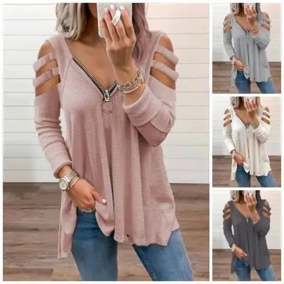 

Women's 2021 Spring and Autumn New Fashion Women's V-neck Zipper Long Sleeve Casual Loose T-shirt S-3XL Fashion Street Wear