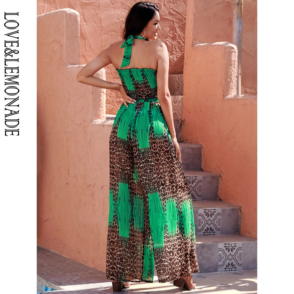 

LOVE&LEMONADE Sexy Two-Pieces Elastic Top High Waist Green Leopard Print Chiffon Set LM83185