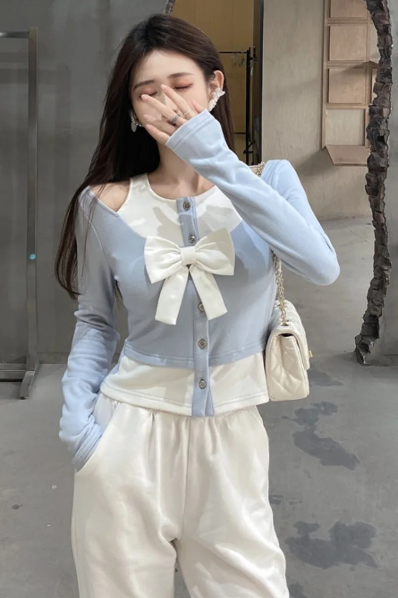 

New Slim Contrast Color Womens T-shirts 2021 Spring Sexy Off-the-Shoulder Round Collar Bow Long Sleeve Bottoming Shirt Female