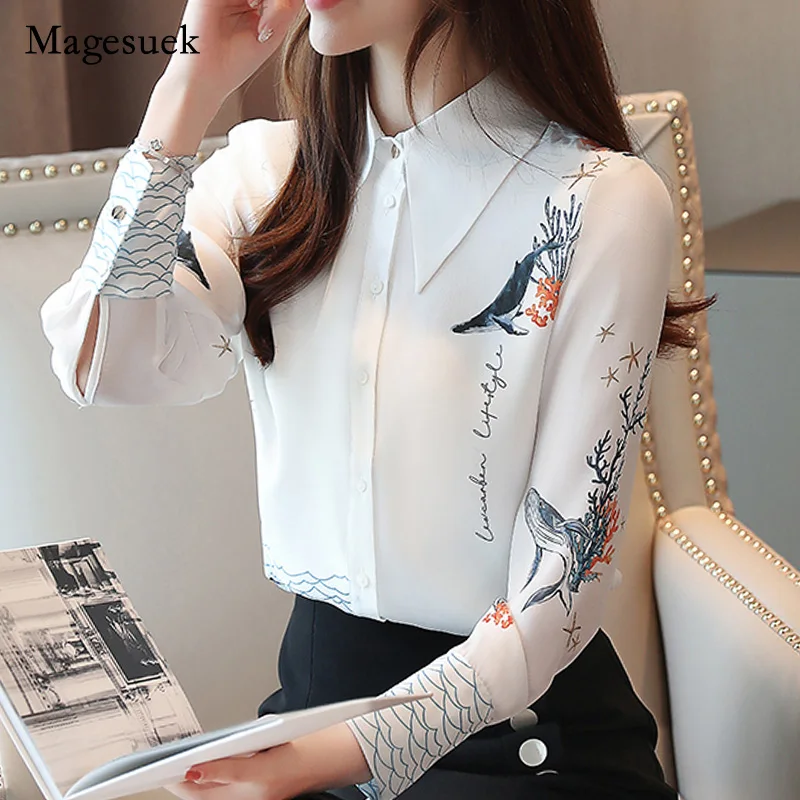 

Autumn Blouse Women White Blouse 2021 Ladies Tops Long Sleeve Shrit Button Printing Chiffon Blouse Turn-down Collar Tops 7082 50