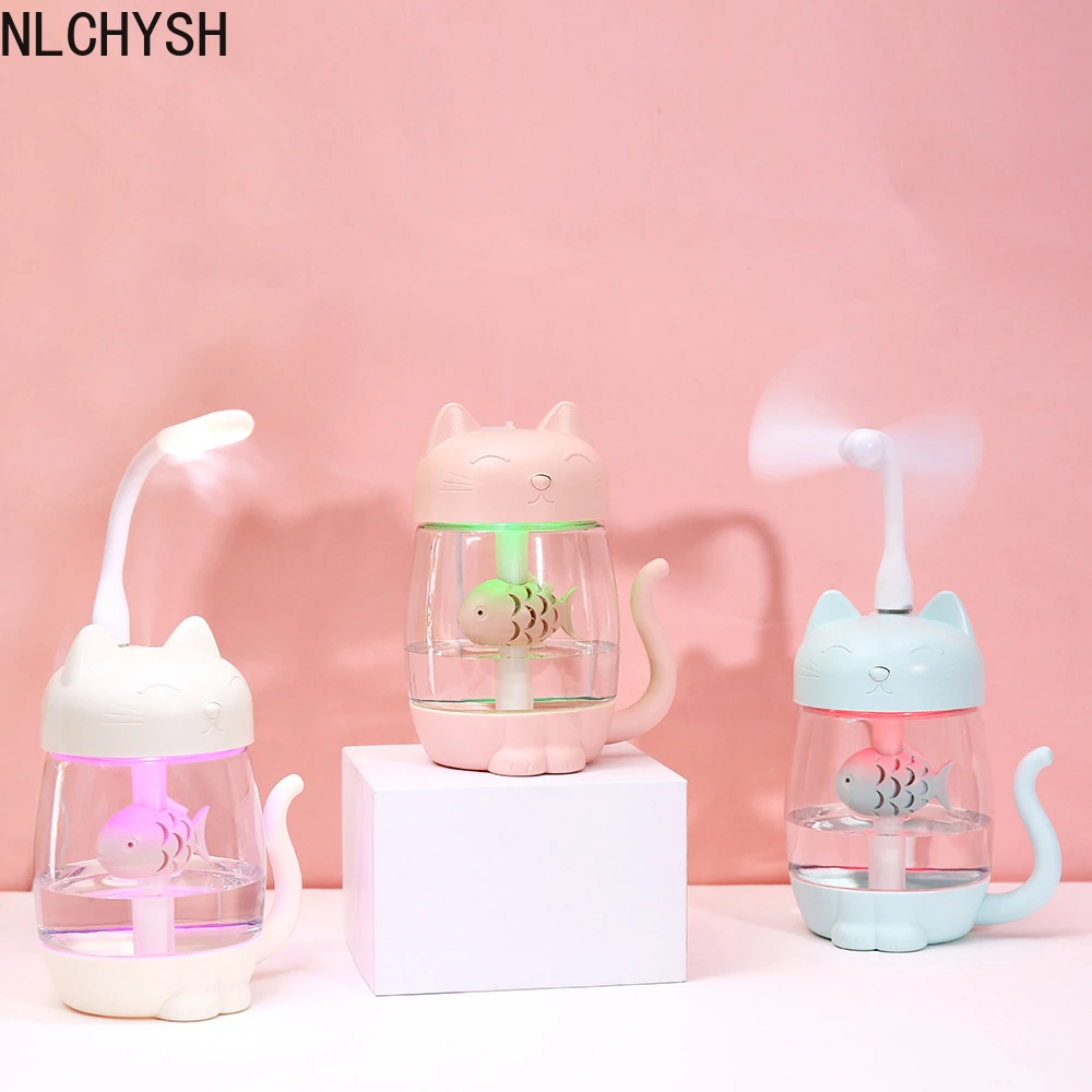 

350ML Cat Air Humidifier With Color LED Light Ultrasonic 3 In 1 Adorable Cat Eat Fish Humidificador USB Aroma Diffuser Fogger