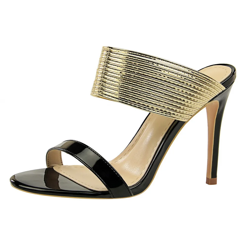 

European and American Style Fashion Retro Sexy Skinny with High Heel Open Toe Metal Belt a Word with Women Slippers