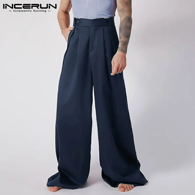 

Fashion Men Wide Leg Pants Solid Color Streetwear Button Loose Vintage Casual Trousers Men 2021 Pockets Pantalon INCERUN S-5XL