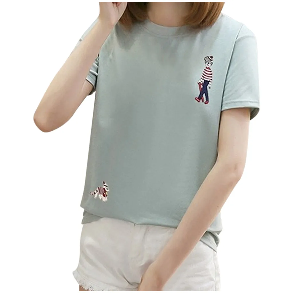 Женская футболка с коротким рукавом круглым вырезом и вышивкой|Футболки| |