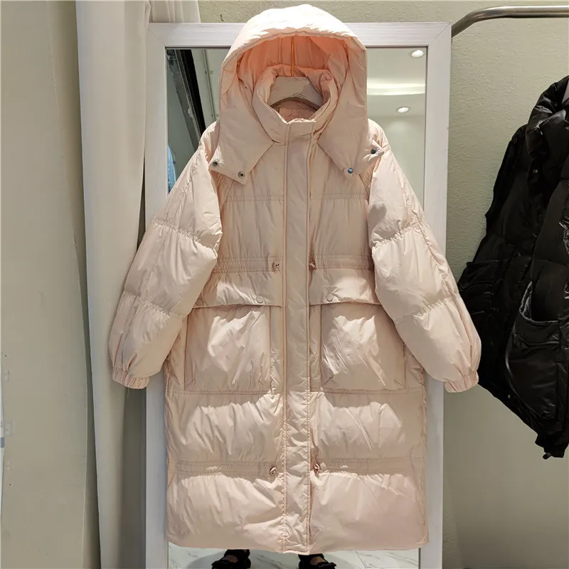 

2021 New Down Jacket Women Middle Long Hooded Over Knee Korean Loose Fashion Thickened White Duck Down Winter Coat Puffer Jacket
