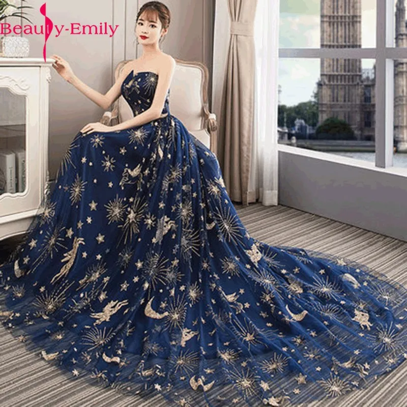 

Beauty Emily Luxurious Appliques Sexy Sleeveless Evening Dress Long Charming Champagne Boat Neck Lace Up Back Evening Dress