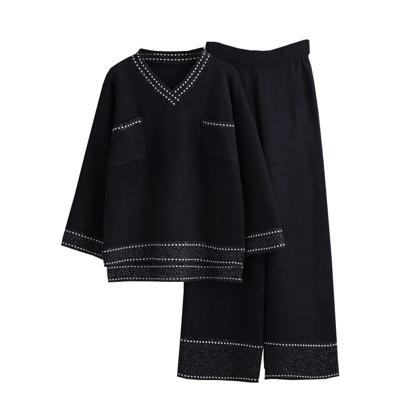 

A fairy female leisure wide-legged pants suit new winter western style fashion sweater loose web celebrity two-piece outfit