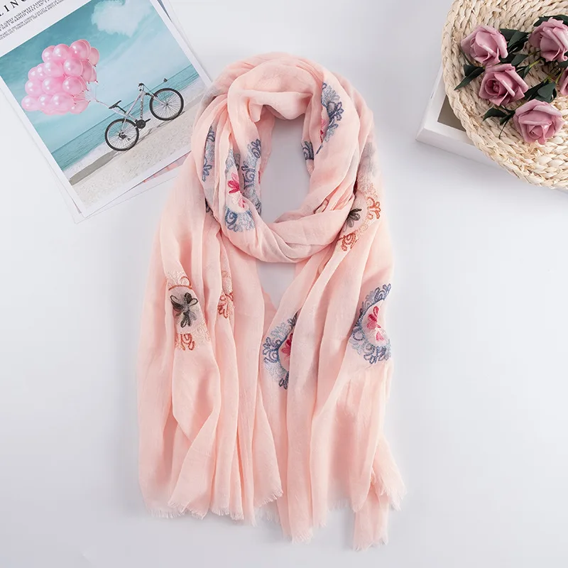 Cotton Embroidery Women Spring Winter Scarf Lady Shawl Air Conditioning Towel Muslin Hijab |