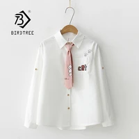 women cartoon cat embroidery cotton white shirt turn down collar button up cute school girls blouse with pink tie feminina blusa
