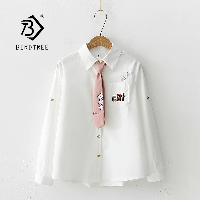 Женская хлопковая белая рубашка с вышивкой в виде мультяшного кота милая