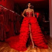 high split red evening dresses sweetheart sequin beaded prom gowns tulle ruffles sweep train party second reception dress