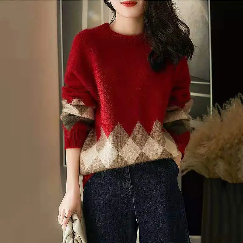 

Retro Diamond Sweater 2022 Spring And Autumn New Temperament All-match Round Neck Sweater Women's Western Casual Top