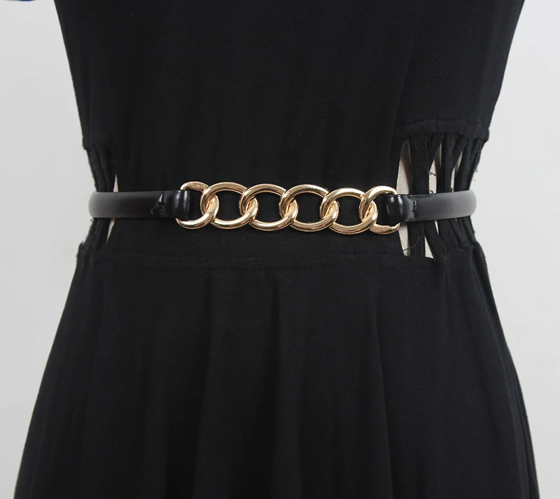 

Women's Runway Fashion Genuine Leather Chain Cummerbunds Female Dress Corsets Waistband Belts Decoration Narrow Belt R119