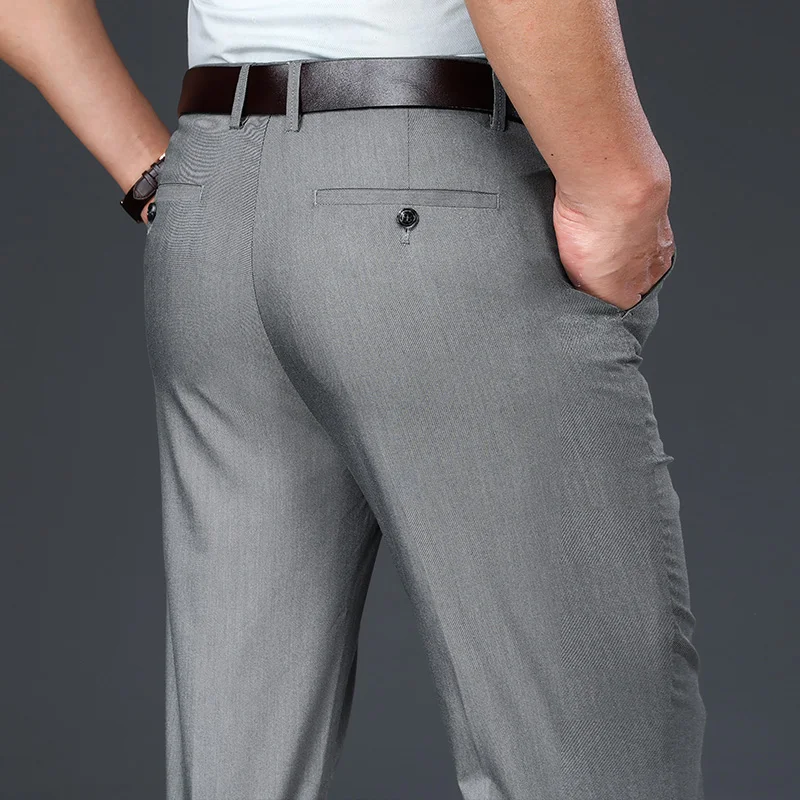 

2021 Spring Summer New Men'S Bamboo Fiber Suit Pants Stretch Thin High-Waist Loose Straight-Leg Casual Pants Male Brand Trousers