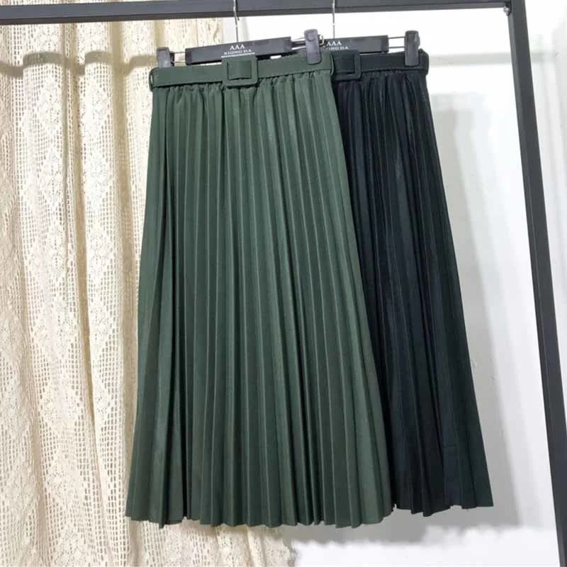 

Spring 2021 Women Pleated Skirts High Waist Fashion Winter Mid-length Dress Casual Vintage Solid Belted A-line Ladies Skirt