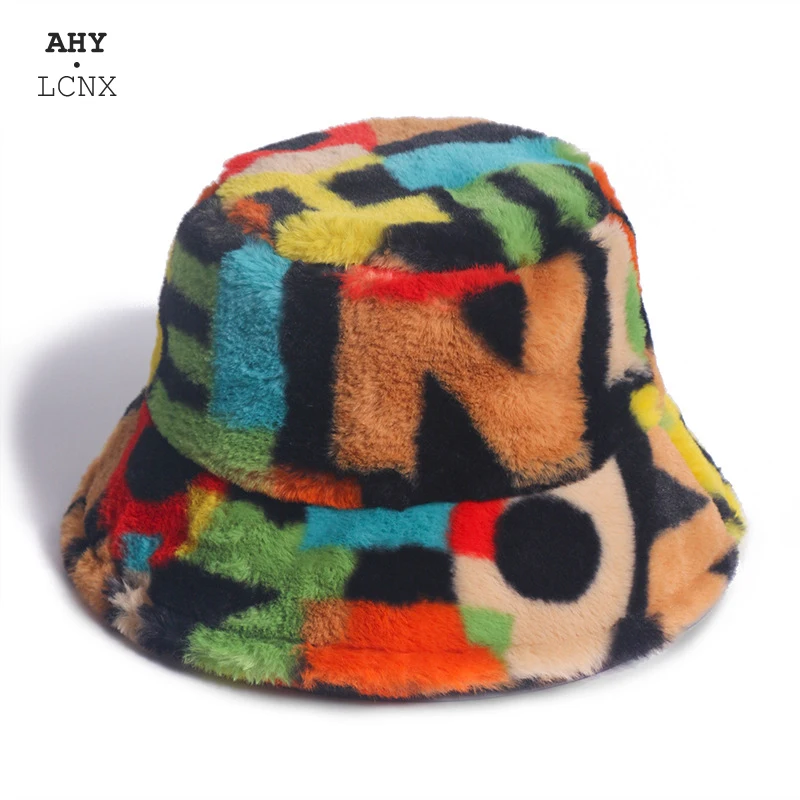 

2021 Women's Bucket Hat Outdoor Multicolor Rainbow Rabbit Fur Letter Fisherman Parent-child Hats Women Panama Winter Soft Warm