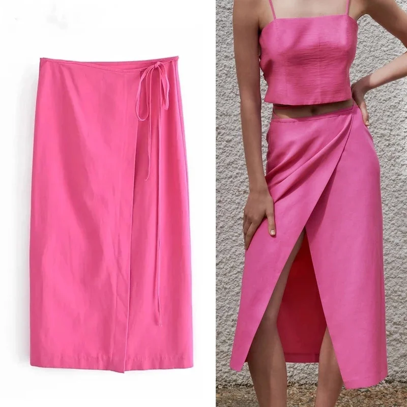 

Женская длинная юбка с завышенной талией ZA, розовая повседневная юбка с запахом, элегантная повседневная юбка с пуговицами сбоку, лето 2021