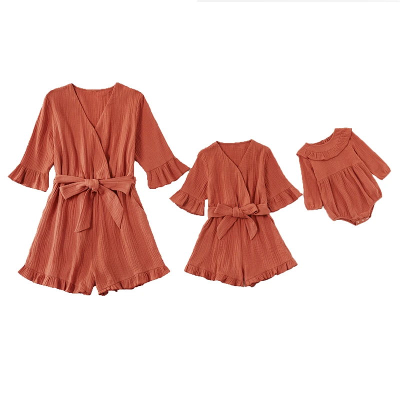 

Family Matching Outfits Summer Solid Color Ruffled Lace Up Jumpsuit Baby Girl Clothing Dress For Mother Kids Same Sets Children