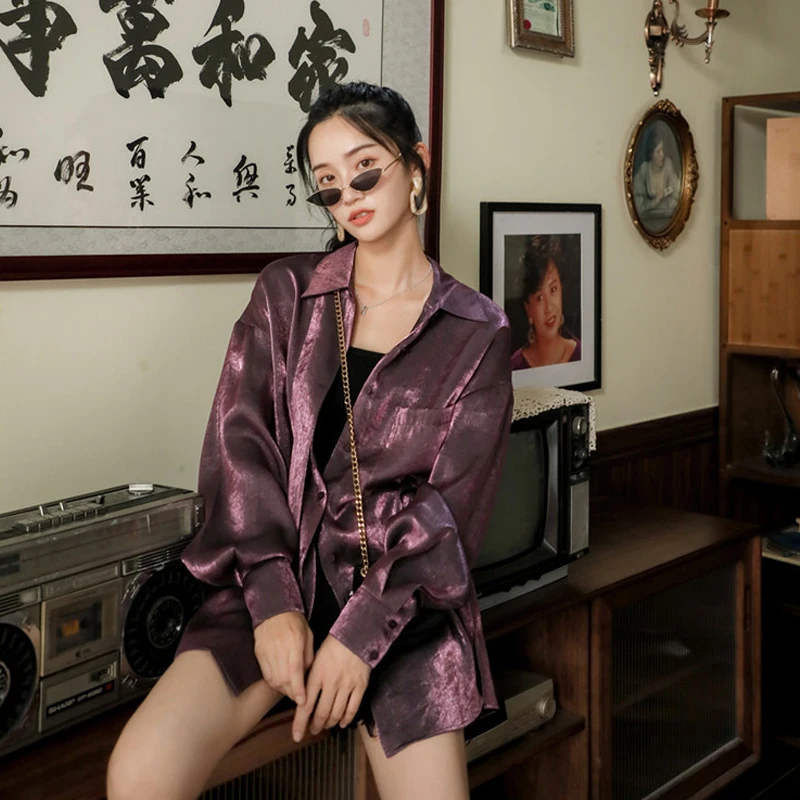 2019 женская фиолетовая шифоновая блуза в стиле ретро с длинными рукавами Длинная