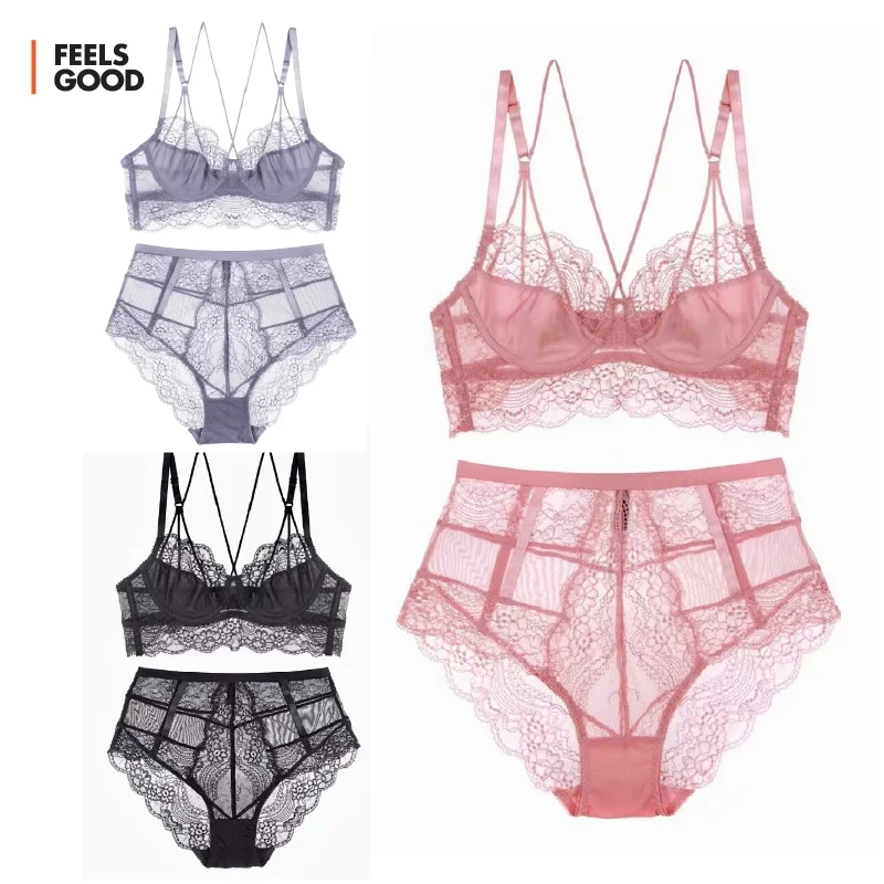 

Longline Floral Lace Caged Bra Set Strappy Underwire Unlined Sheer Ultra-Thin Comfy High Waist SexyLingerie Rose Pink Grey Black