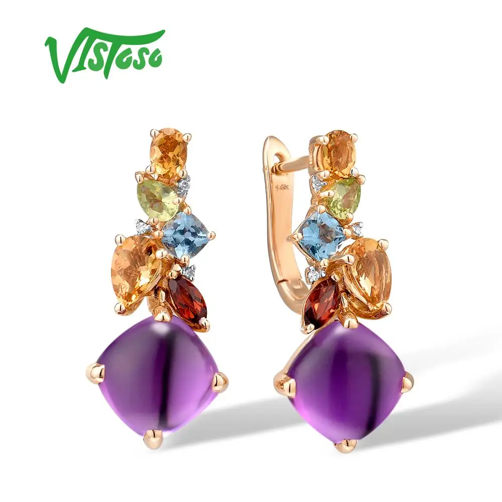 Женские золотые серьги с аметистом VISTOSO ювелирные украшения цветными