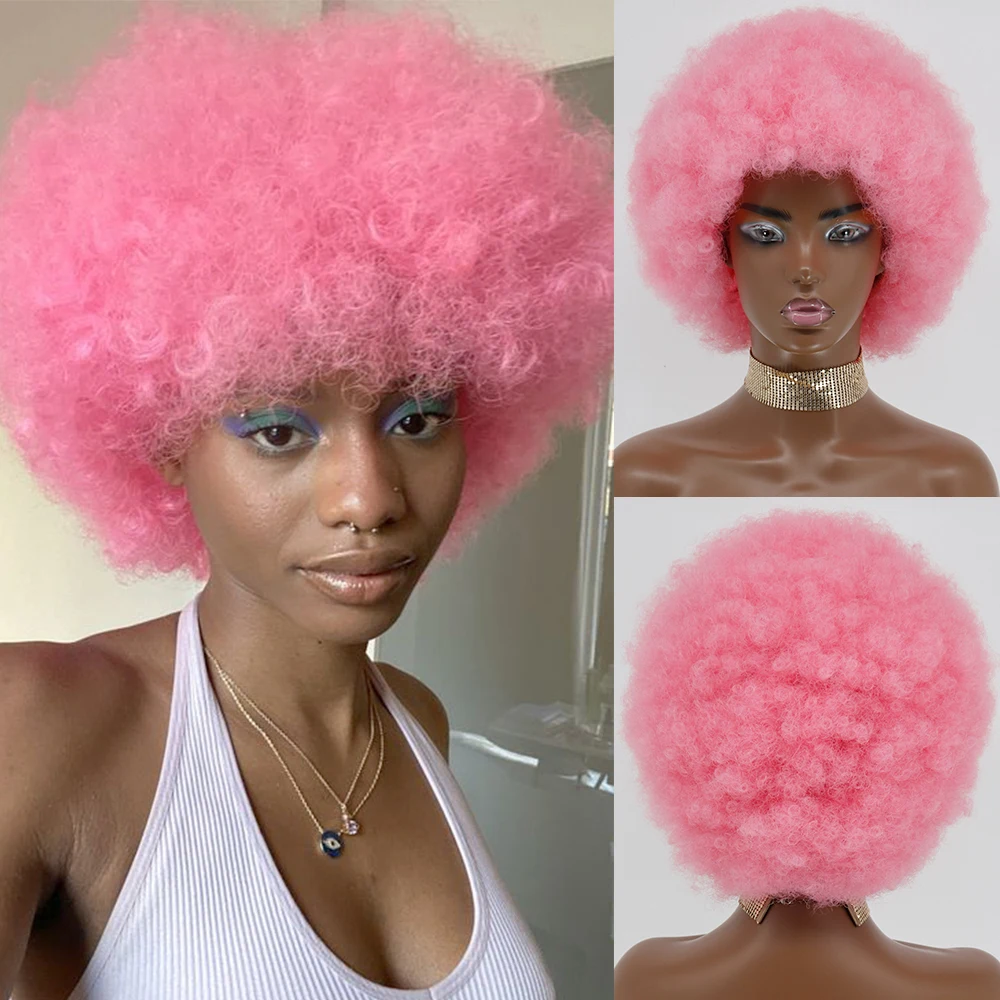 

Synthetic Short Fluffy Hair Afro Kinky Curly Wigs With Bangs For Black Women African Glueless Party Cosplay Natural Pink Wig