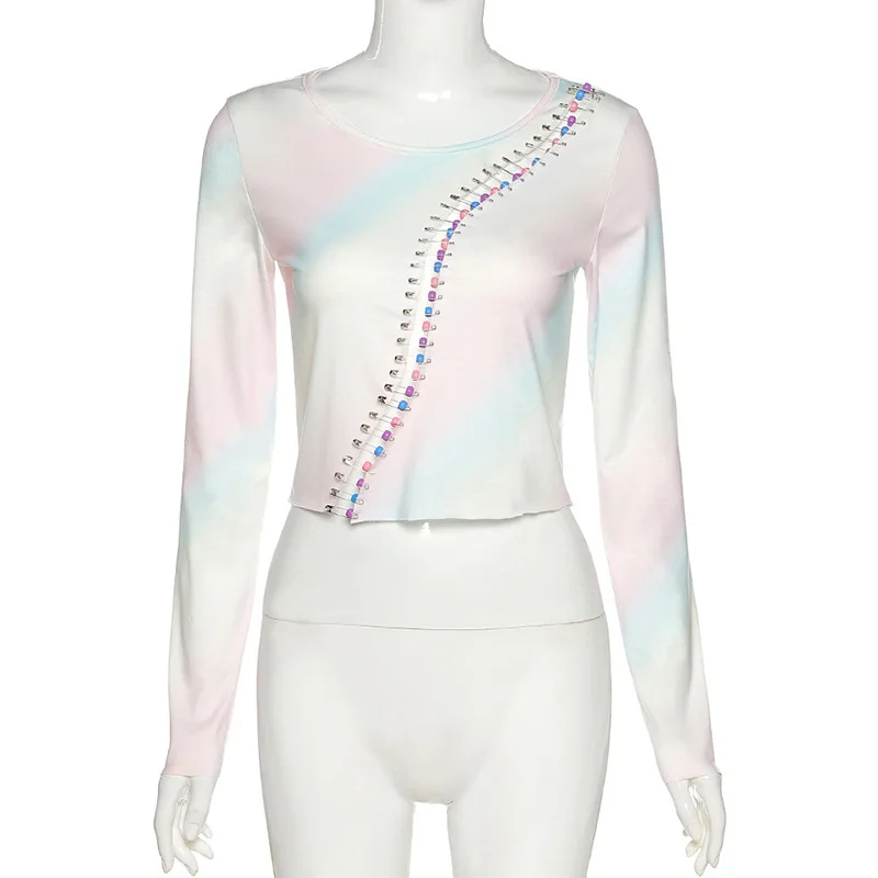 

Elegant Pin T-shirt Soft Fabric Streetwear Long Sleeve Long Sleeve Round Neck Irregular Pin Stitching Top Autumn Girl T-shirt