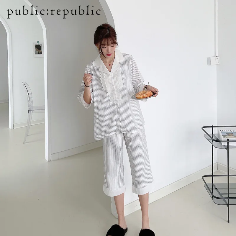 2021 New Spring Summer Korean 3/4 Sleeve Lace Sexy Pajamas Sets Women's Loose Comfortable Nightwear Home Wear Sleepwear Thin