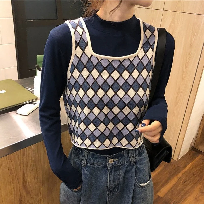 

Retro Plaid Knitted Vest Sleeveless Sweater Women's Square Necked Vest Spring and Autumn Korean Warm Short Knitted Top