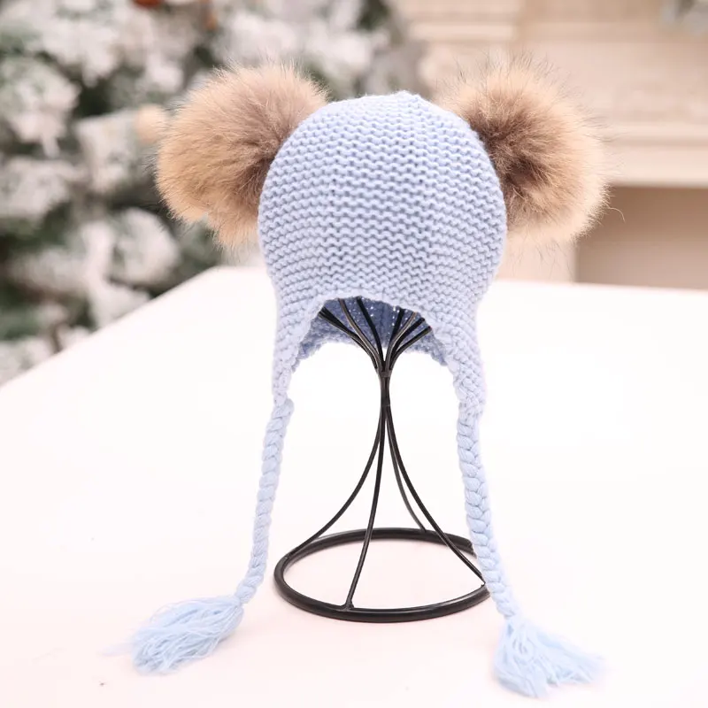 

AA Kids Children Hats Ear Protect Hat Pompom Knit Wool Pearl Boy Girl Warm Beanie Bonnet