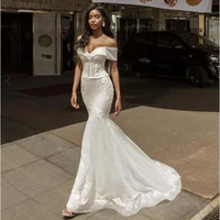 wholesale elegant ivory mermaid lace bridal wedding dresses off shoulder short sleeves wedding gowns for bride appliqued 2021