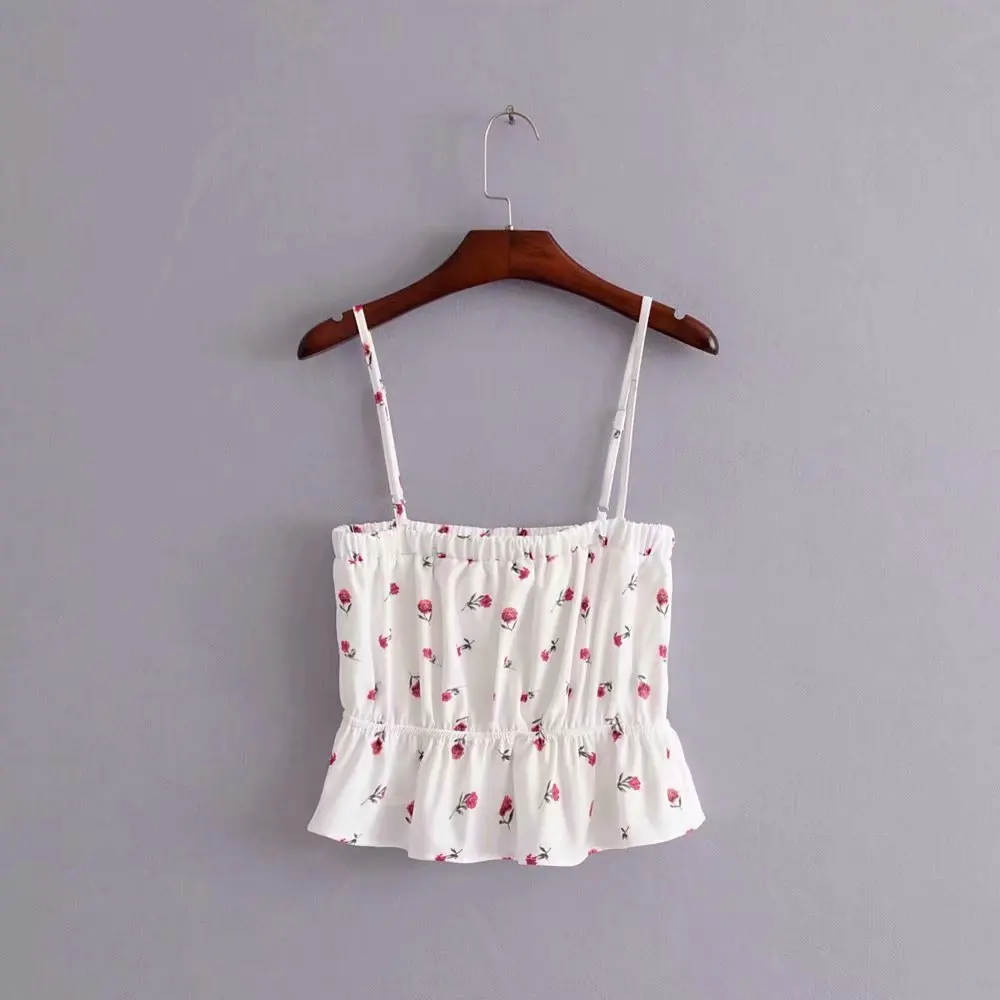 Женская майка без рукавов с цветочным принтом эластичная летняя на бретельках